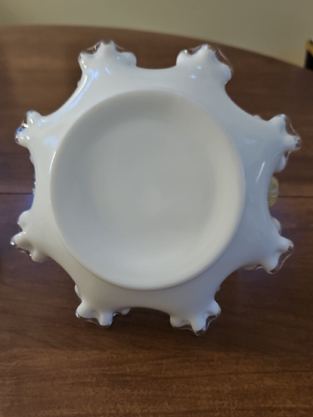 Fenton Silvercrest White Milk Glass Ruffled Edge Basket with Clear Handle - Picture 2 of 7